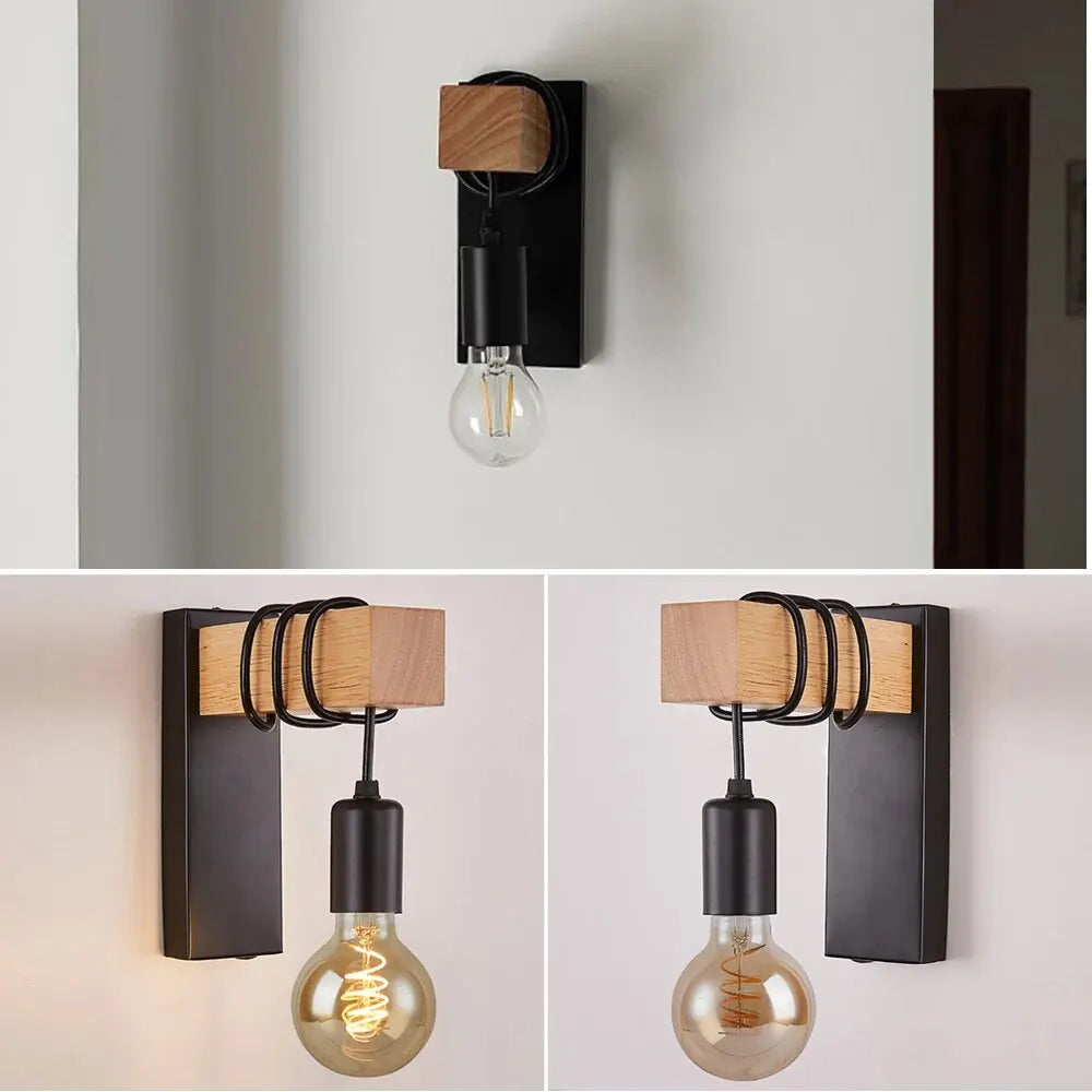 Vintage Industrial Wooden LED Wall Lamp