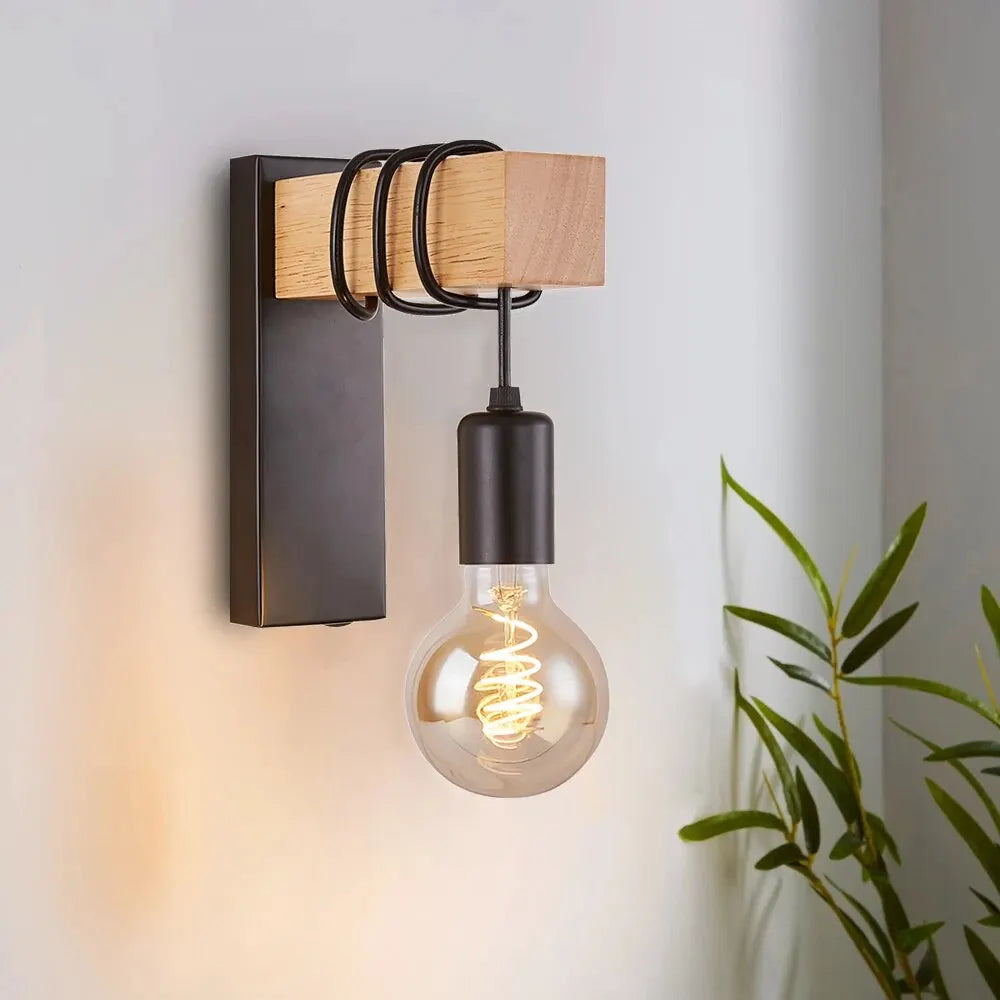 Vintage Industrial Wooden LED Wall Lamp